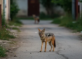 Șacal auriu fotografiat la marginea unui sat din Banat